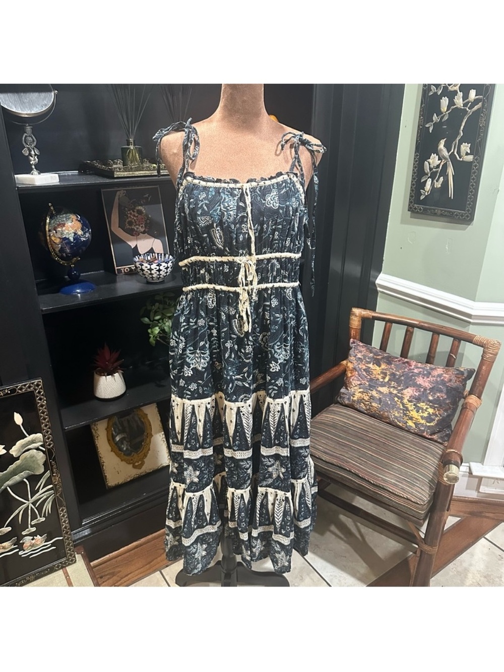 Christian Lacroix Bohemian Navy and Cream Tiered Midi Dress with Tie Details - Picture 5 of 11